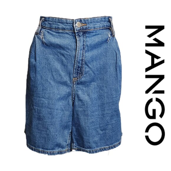 Mango Mid-rise denim bermuda shorts with pleats damaged Blue Size 12 - Picture 1 of 16